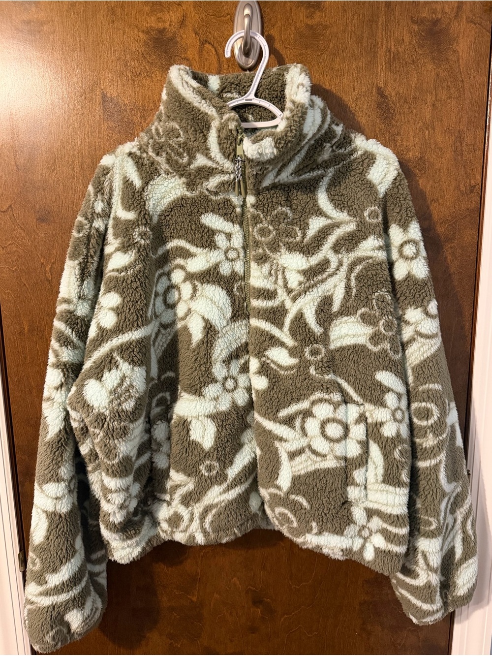 American Eagle Outfitters Olive Green and Light Blue Floral Sherpa Jacket